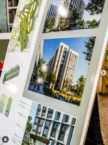 Presentation boards showing renderings and site plans of a FullStack Modular residential development