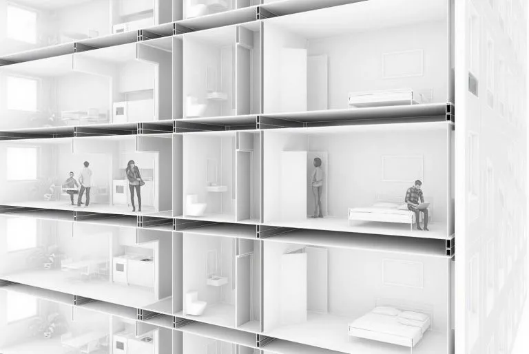Cutaway drawing of stacked modular apartment units