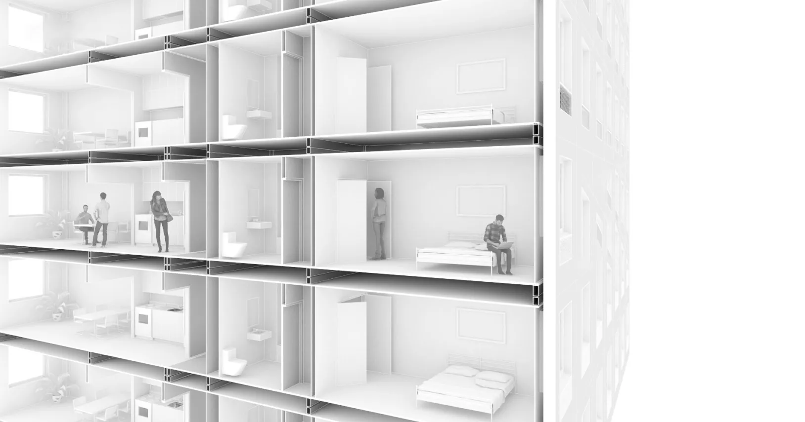 Cutaway rendering of stacked modular apartments with residents inside