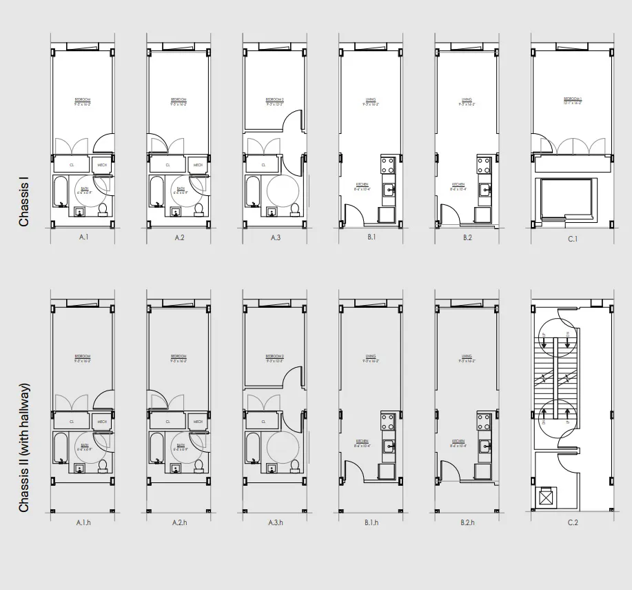 Floor plans of the chassis module types, with and without hallway