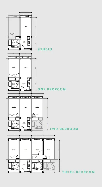 Unit plans from studio to three bedroom