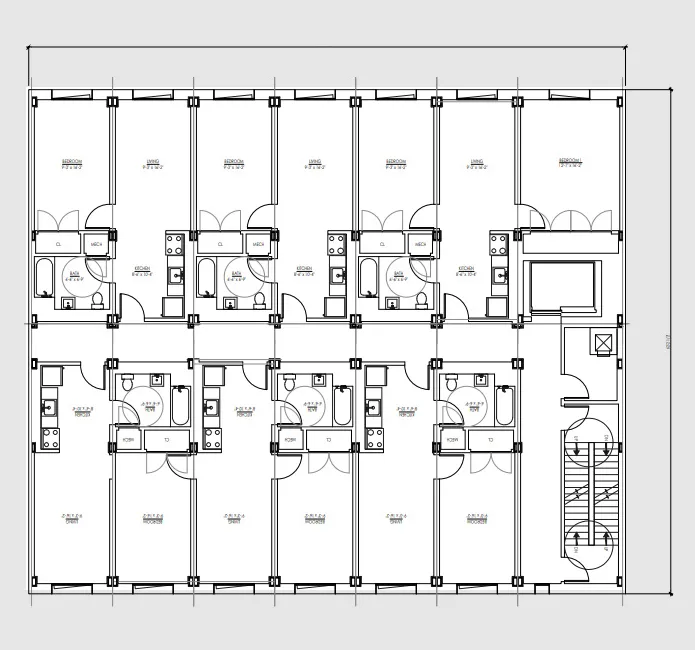 Typical floor plate combining unit types with stair and elevator modules